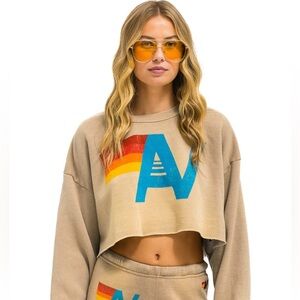 Aviator Nation Beige Crewneck with Blue 'AV' and Retro Stripe